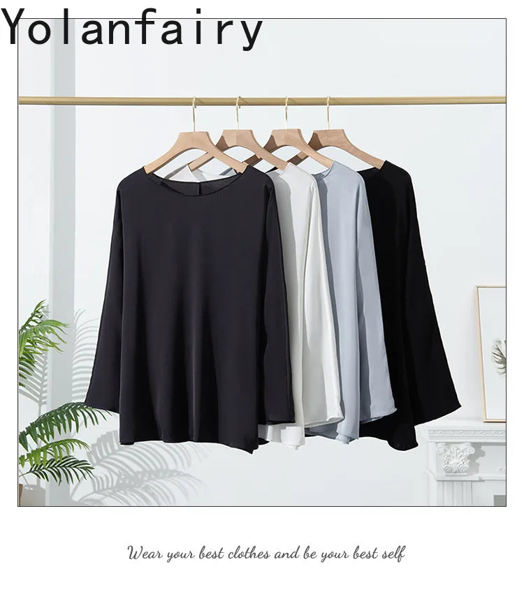 YOLANFAIRY 23MM 93% Real Mulberry Silk T Shirts for Women Summer O-neck Blouse Woman Elegant Shirt Loose OL Tops and Blouses