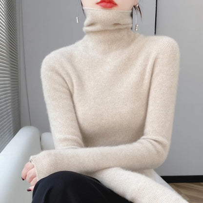 100% Merino Wool Long-sleeved Turtleneck Pullover Women's Autumn Winter Slim Sweater Basic Women's Clothes Cashmere Sweater