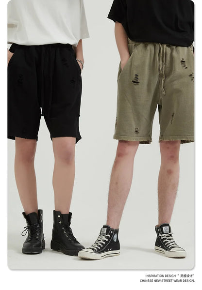 Customized LOGO Men's Heavy 100% Cotton High Street Wind Wash Old Loose Cut Couple Retro Shorts