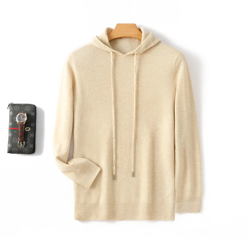 Men's 100% Merino Wool Sweater Hooded Collar Knitted Pullover Cashmere Sweatshirt Autumn Winter Casual Large Tops Long Sleeved