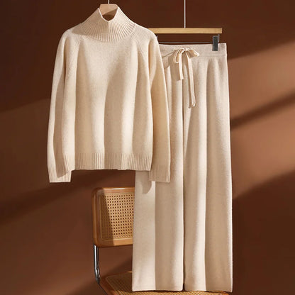 CHICUU Women's 100% Wool Sweater Pants Set Thick Mock Neck Pullover Wide Leg Pants Autumn Winter Warm Casual Wool Knitwear Suit