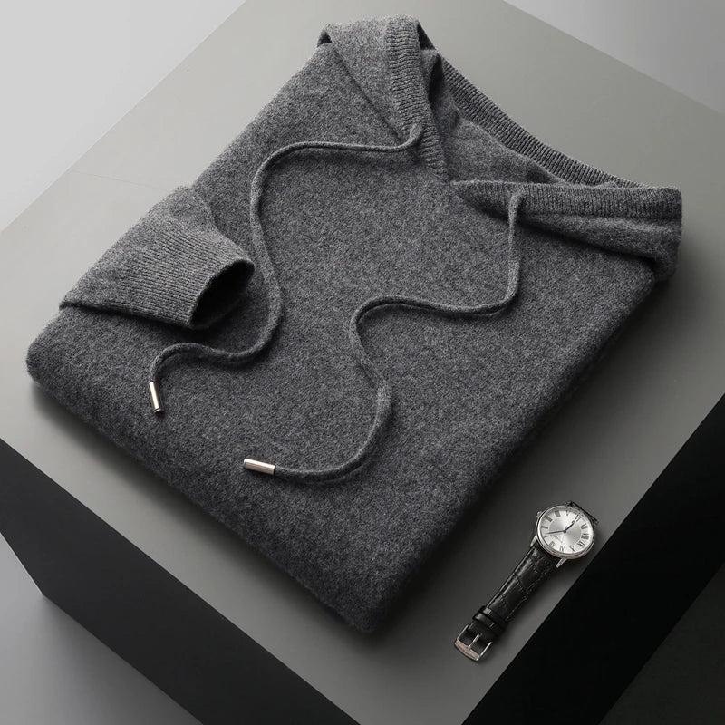 Men's 100% Merino Wool Sweater Hooded Collar Knitted Pullover Cashmere Sweatshirt Autumn Winter Casual Large Tops Long Sleeved