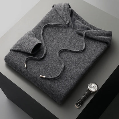 Men's 100% Merino Wool Sweater Hooded Collar Knitted Pullover Cashmere Sweatshirt Autumn Winter Casual Large Tops Long Sleeved