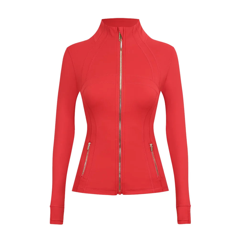 Personalized LOGO custom women's gold zip jacket tight stand-up collar quick-drying fitness running yoga suit 41-color S-3XL top