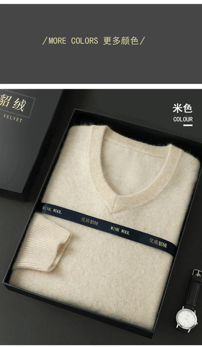 100% Pure Mink Cashmere Sweater Men's V-Neck Pullovers Knit Large Size Mink Sweater Winter New Long Sleeve High-End Jumpers Tops