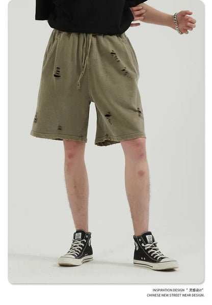 Customized LOGO Men's Heavy 100% Cotton High Street Wind Wash Old Loose Cut Couple Retro Shorts