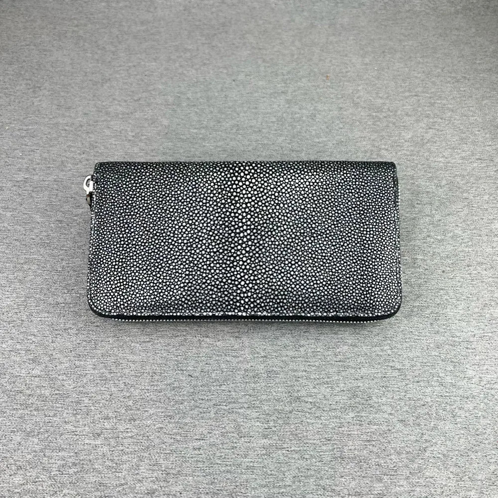 Genuine Unisex Stingray Leather Long Wallet, Exotic Style Leather Clutch for Women, Large Zip Card Holder for Men