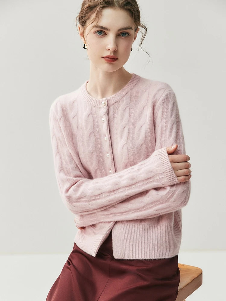 CHICUU Women's O-neck Cashmere Cardigan 100% Cashmere Sweater Cable Knit Preppy Style Cardigan Coat Autumn Winter Clothes Tops