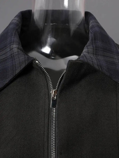 DEAT Fashion Cropped Bomber Jacket Women's Plaid Collar Loose Black Zipper Outerwear Short Coat Spring Autumn New