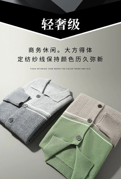 100% Merino Wool Men's Lapel Collar Knit Cardigan Coat 2025 Spring/ Autumn New POLO Neck Business Casual Cashmere Jacket Sweater