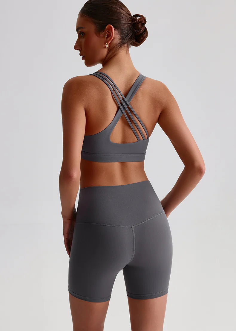 Solid Color High Impact Solid Gym Yoga Set Tight Legging Fitness Cross-back straps Bra Top 2pcs Soft Sport Suit  Women Sportwear
