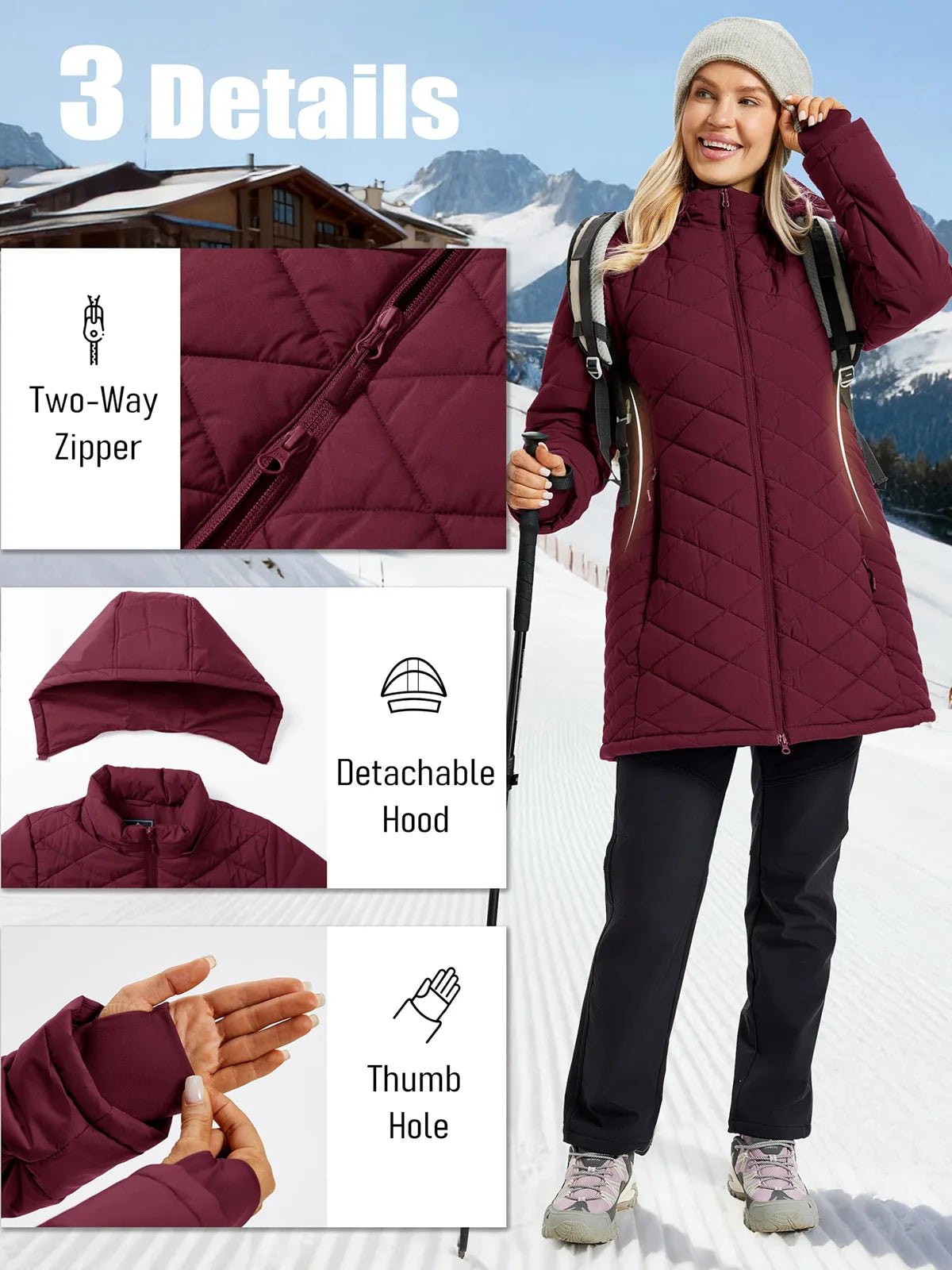 TACVASEN Womens Long Quilted Puffer Hood Jackets Winter Lightweight Warm Insulated Coat Windproof Waterproof Parkas with Pockets