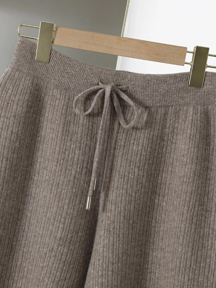 CHICUU Women Thick Wide Leg Pants 100% Merino Wool Knitted Trousers Autumn Winter Striped Jacquard Cashmere Pants Simple Style
