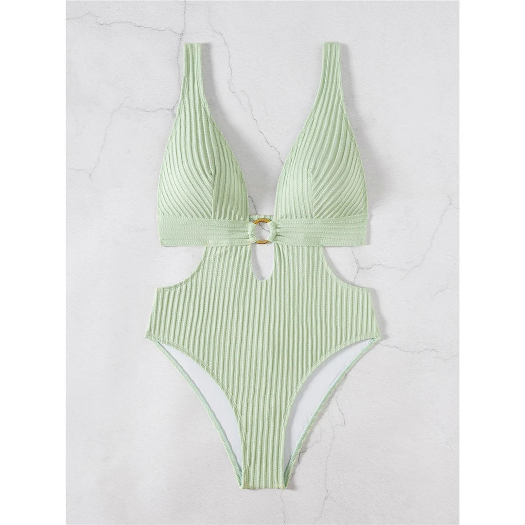 Sexy 8 Colors Deep V Neck Cut Out One Piece Swimsuit Women Swimwear Female High Leg Cut Monokini Bather Bathing Suit Swim V7177