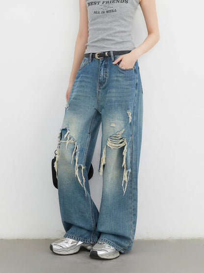 CHIC VEN Women Jeans Loose Casual High Waisted Wide Leg Ripped Rough Edge Denim Pants Female Trousers Spring Autumn 2025