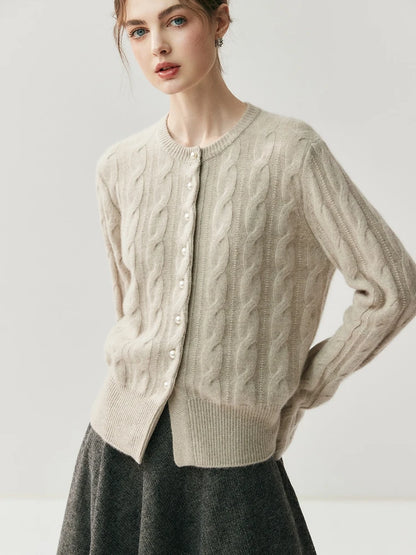 CHICUU Women's O-neck Cashmere Cardigan 100% Cashmere Sweater Cable Knit Preppy Style Cardigan Coat Autumn Winter Clothes Tops