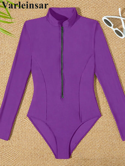 S - 2XL 4 Colors Long Sleeve With Zipper Surf Rash Guard One Piece Swimsuit Women Swimwear Female Bather Bathing Suit Swim V6266