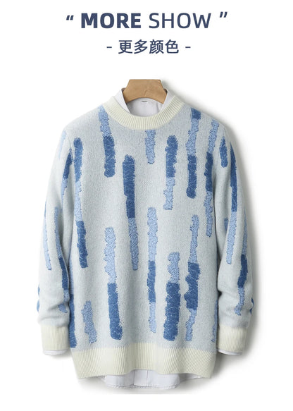 New 100% Pure Wool Men's O-neck Pullover 2025 Autumn/Winter Color Matching Top Casual Thick Fashion Large Size Jumper Sweater