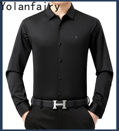 YOLANFAIRY 100% Mulberry Silk Long Sleeve Shirt Man Spring Autumn Casual Silk Mens Shirts Warm Male White Shirt chemises hommes
