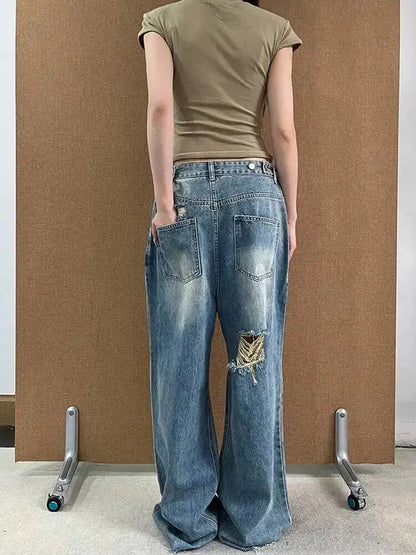 DEAT Fashion Ripped Straight Blue Jeans Women's High Waist Streetwear Denim Pants Summer New 7A4060