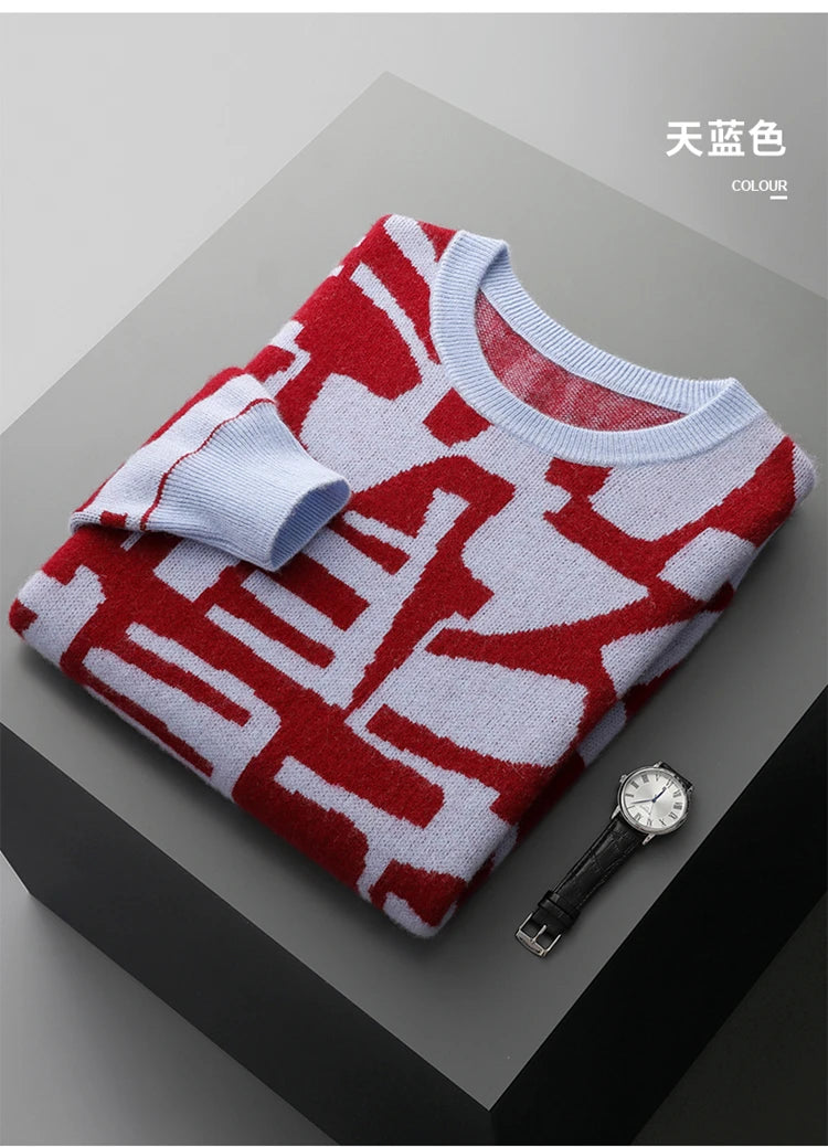 New Men's Sweater 100% Cashmere Autumn Winter Fashion Knitted Jacquard Pullover Color blocked O-Neck Thickened Men's Wear Top