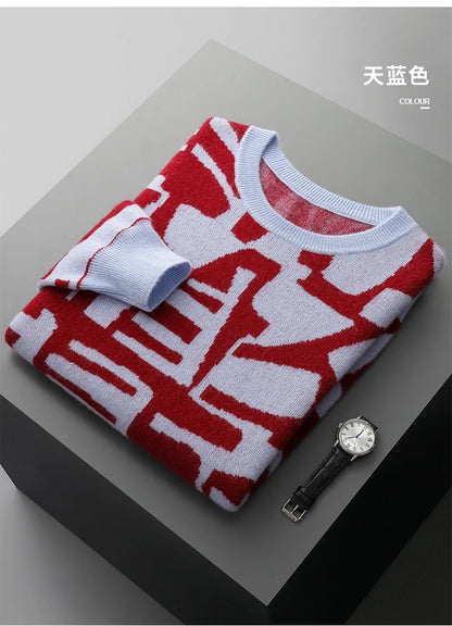 New Men's Sweater 100% Cashmere Autumn Winter Fashion Knitted Jacquard Pullover Color blocked O-Neck Thickened Men's Wear Top