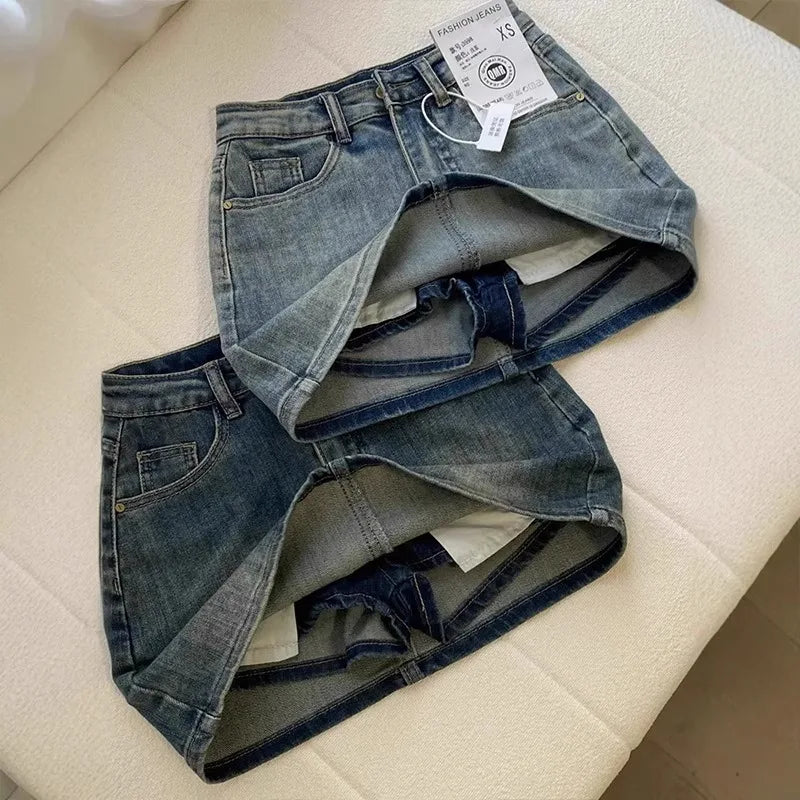Sexy Retro Denim  Skirt Women's Anti-Light Versatile High Waist A-Line Slimming American Hot Girl Bodycon Half-length Ski...