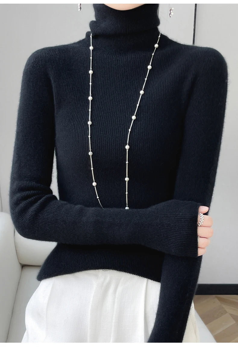 100% Merino Wool Long-sleeved Turtleneck Pullover Women's Autumn Winter Slim Sweater Basic Women's Clothes Cashmere Sweater