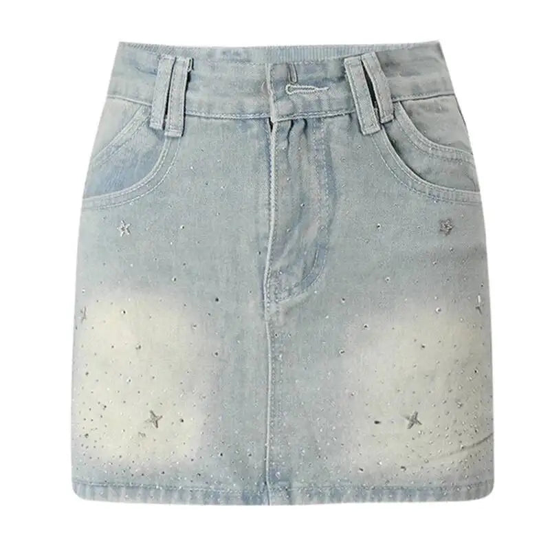 DEAT Fashion Star Rhinestone Denim Mini Skirt Women's High Waist Light Blue Gradient Wash Skirts Summer New