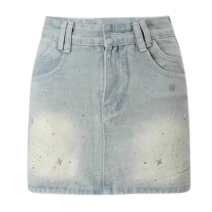 DEAT Fashion Star Rhinestone Denim Mini Skirt Women's High Waist Light Blue Gradient Wash Skirts Summer New