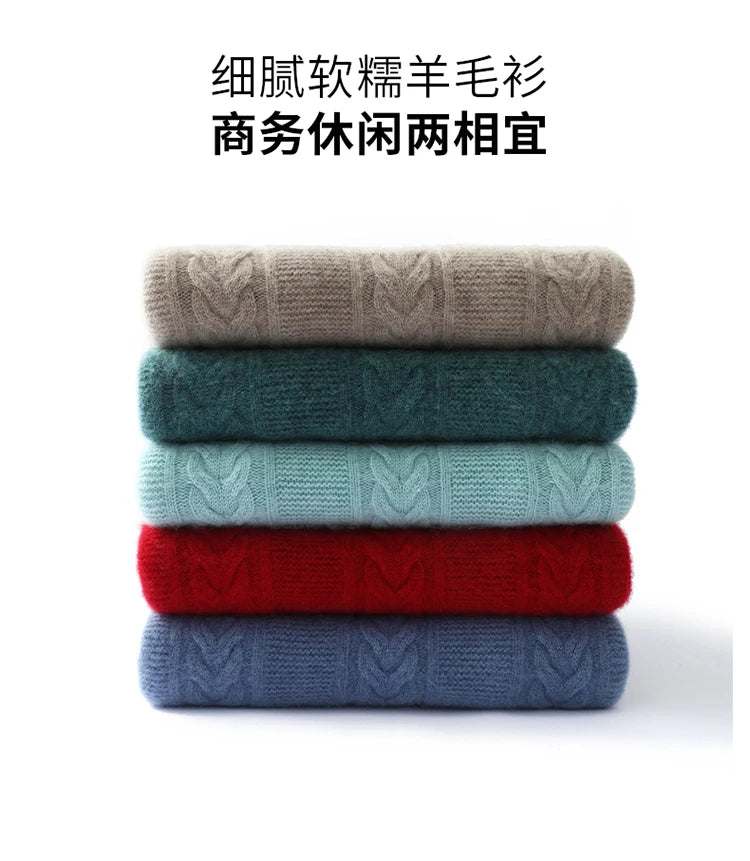 100% Merino Wool Sweater Men's Round Neck Thickened Tops Autumn Winter New Soft Warm Casual Solid Color Knitted Pullover