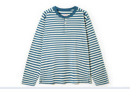 American retro striped long sleeved T-shirt for men, heavy-duty cotton washed T-shirt, oversized casual Henry collar base shirt