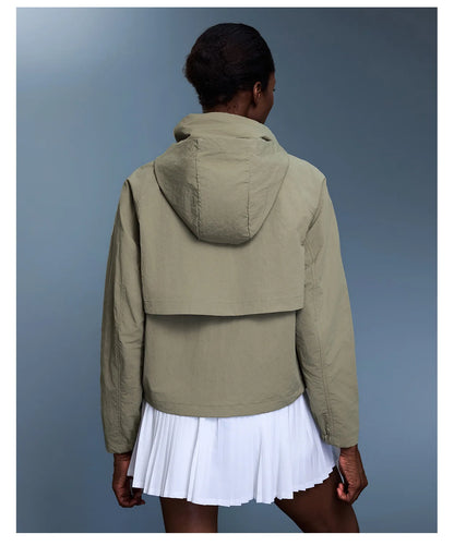 Custom LOGO women's autumn light and breathable waterproof trench coat stand-up collar hooded casual short pocket sports jacket