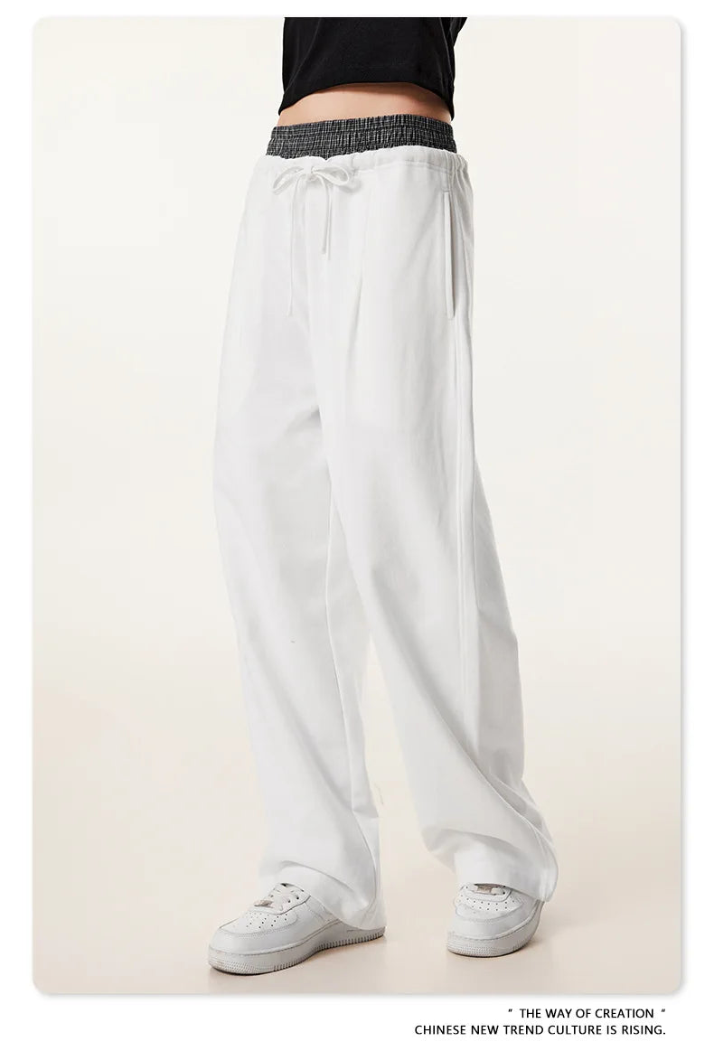 Custom LOGO Men's 2025 Summer 280G American Neutral Wind Splicing Double Waist Wide Leg Pants Sports Straight Couple Sweatpants