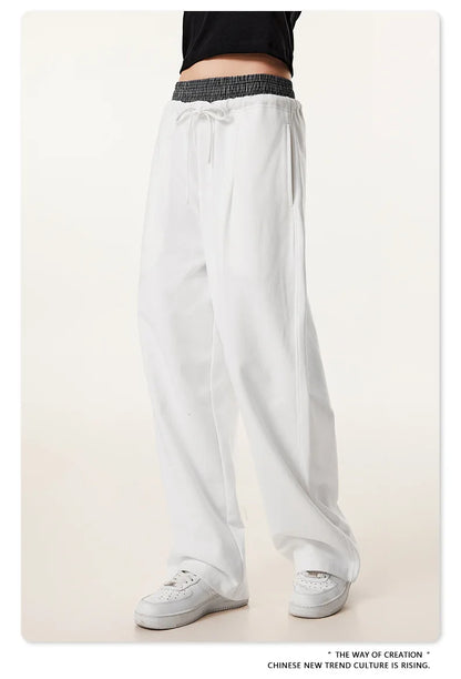 Custom LOGO Men's 2025 Summer 280G American Neutral Wind Splicing Double Waist Wide Leg Pants Sports Straight Couple Sweatpants