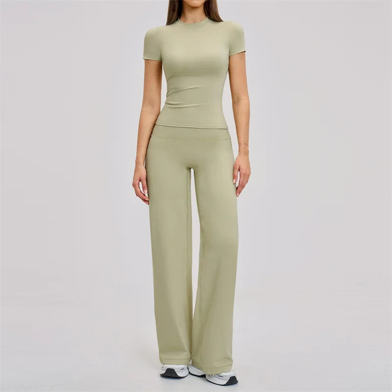 TRY TO BN Women's Tracksuit Two Pieces Yoga Sets Short Sleeve High Waist Leggings Fitness Sportwear Workout Running Gym Clothing