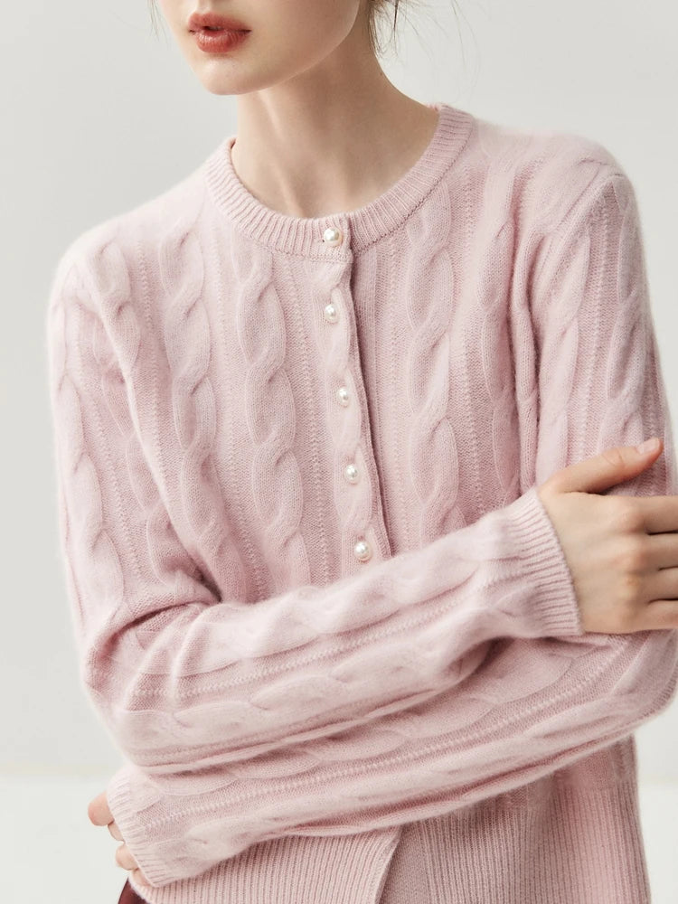 CHICUU Women's O-neck Cashmere Cardigan 100% Cashmere Sweater Cable Knit Preppy Style Cardigan Coat Autumn Winter Clothes Tops
