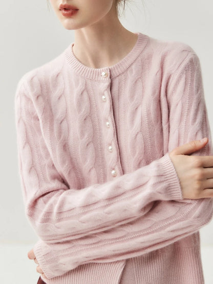 CHICUU Women's O-neck Cashmere Cardigan 100% Cashmere Sweater Cable Knit Preppy Style Cardigan Coat Autumn Winter Clothes Tops