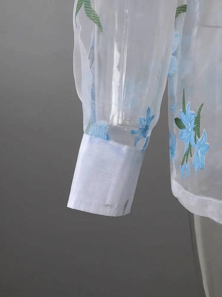 DEAT Fashion Floral Print Sheer Organza Shirt Women's Lapel Loose Light Blue Blouse Summer New