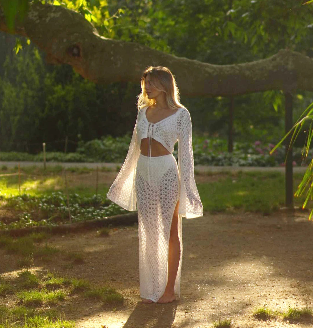 Sexy Knit Set White Cut Out Swimsuit Cover Up 2026 Women's Summer Bell Sleeve Lace-up Loose Top Beach Half Skirt Two-piece K136