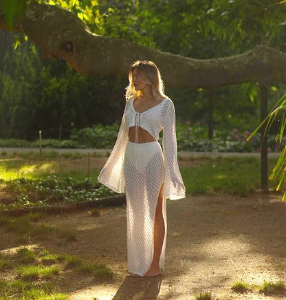 Sexy Knit Set White Cut Out Swimsuit Cover Up 2026 Women's Summer Bell Sleeve Lace-up Loose Top Beach Half Skirt Two-piece K136