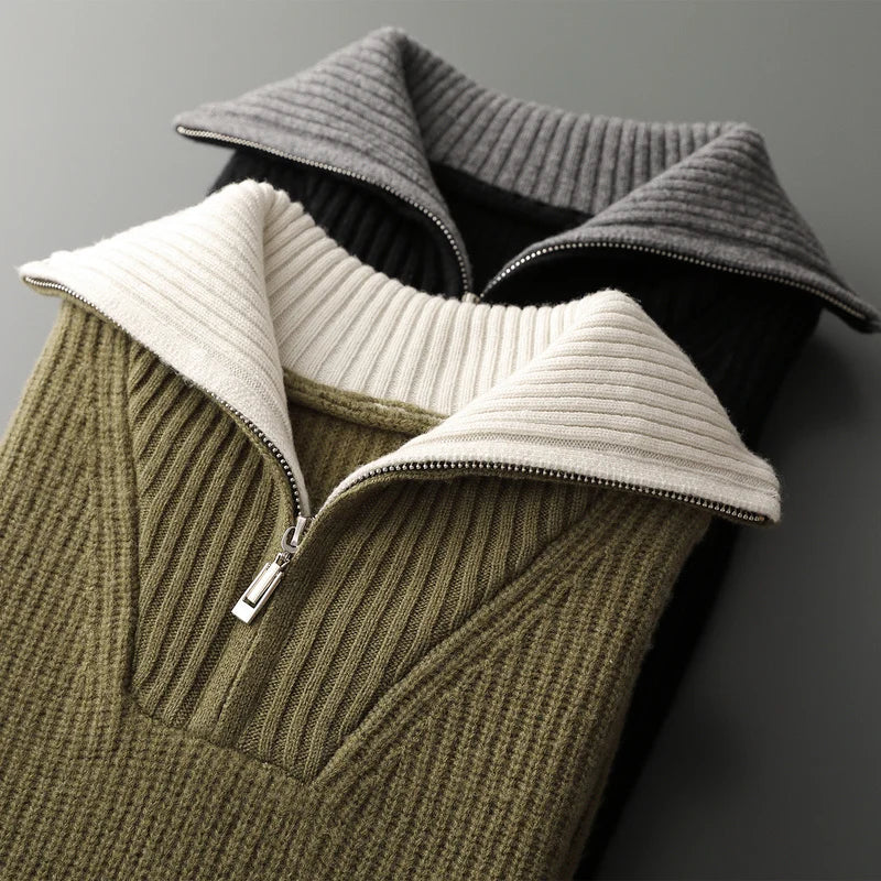 High Quality Men 100% Wool Sweater Turn Down Collar Zippers Pullover 2025 Autumn/Winter Thickened Soft Warm Knitwear Jumper Tops