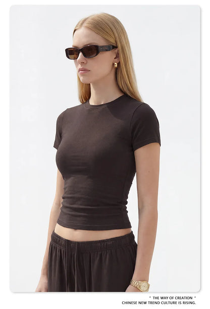 Custom LOGO women's spring summer new 200G high-elastic short slim-fit short-sleeved trousers casual sports two-piece set