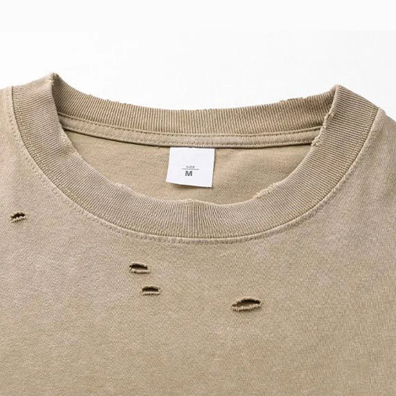 DIY Custom LOGO DIY 300gsm Heavy Thick Ripped Holes Short Sleeves T-shirt Solid Color Oversized Casual Summer Harakuju Tees