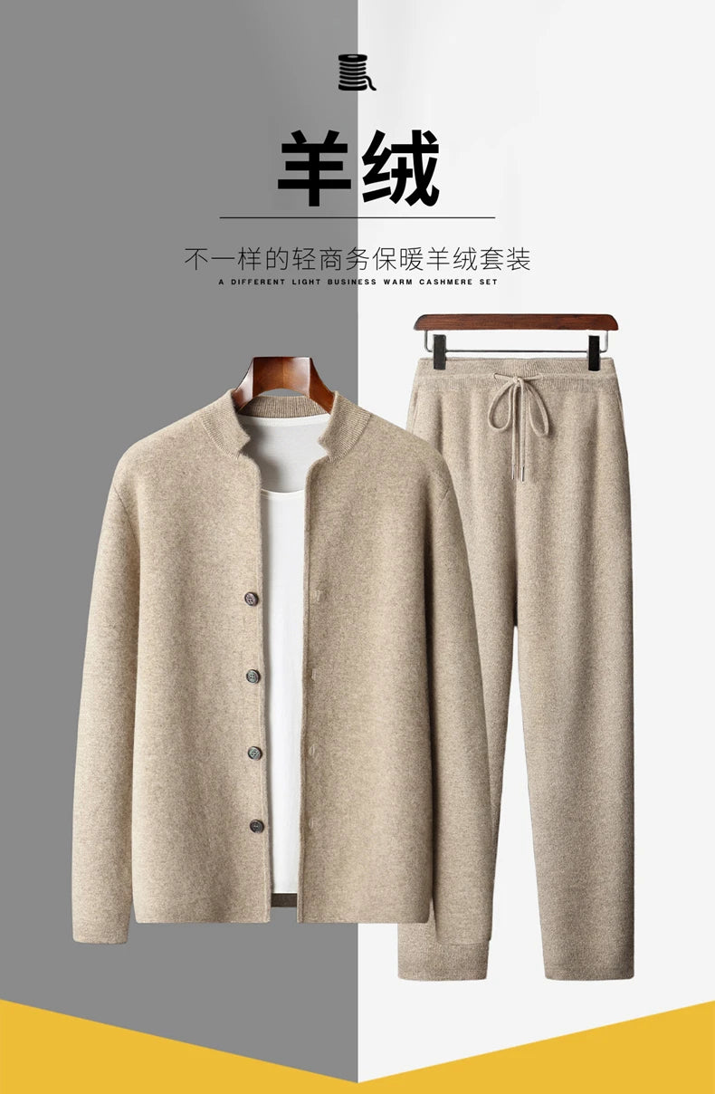 DjzDsm New Autumn Winter Men's 100% Pure Cashmere Thick Button Cardigan Set Cashmere Knitted Casual Shorts 2-Piece Set Clothing