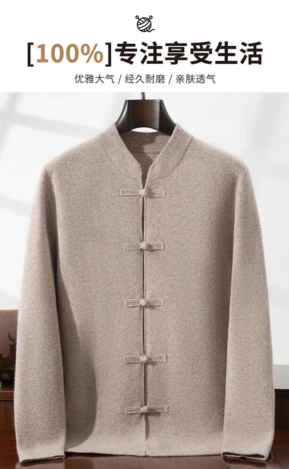 100%Pure Wool Chinese style buckle Cardigan Men Sweater Casual Comfort Knitted Long Sleeve Men's Wool Sweater Spring Autumn Coat