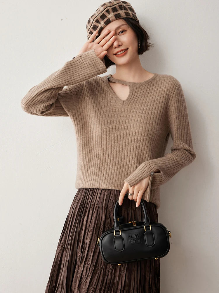CHICUU Women's 100% Cashmere Knit Pullover Sweater Cut Out Collar Long Sleeve Pullover Autumn Winter Basic Cashmere Knitwear Top