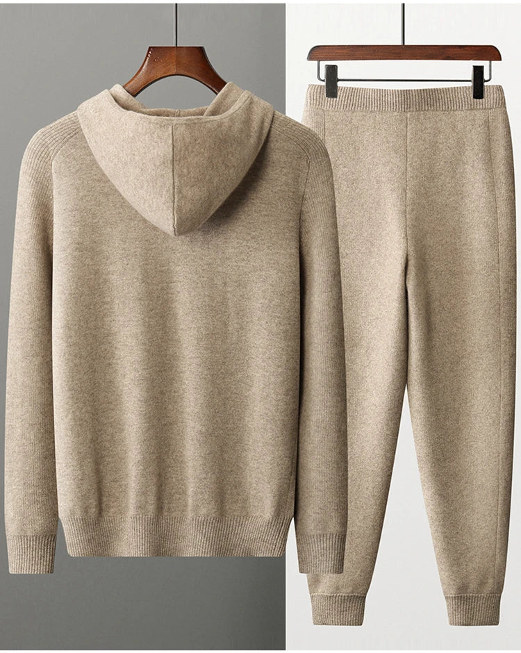 Autumn/Winter Men Sweater Suit Hooded Zipper Pullover Pants Thick Warm Casual Clothing 100% Cashmere Knitwear Trousers Tops