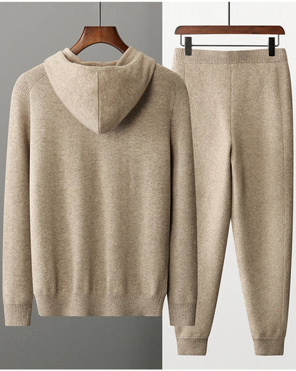 Autumn/Winter Men Sweater Suit Hooded Zipper Pullover Pants Thick Warm Casual Clothing 100% Cashmere Knitwear Trousers Tops
