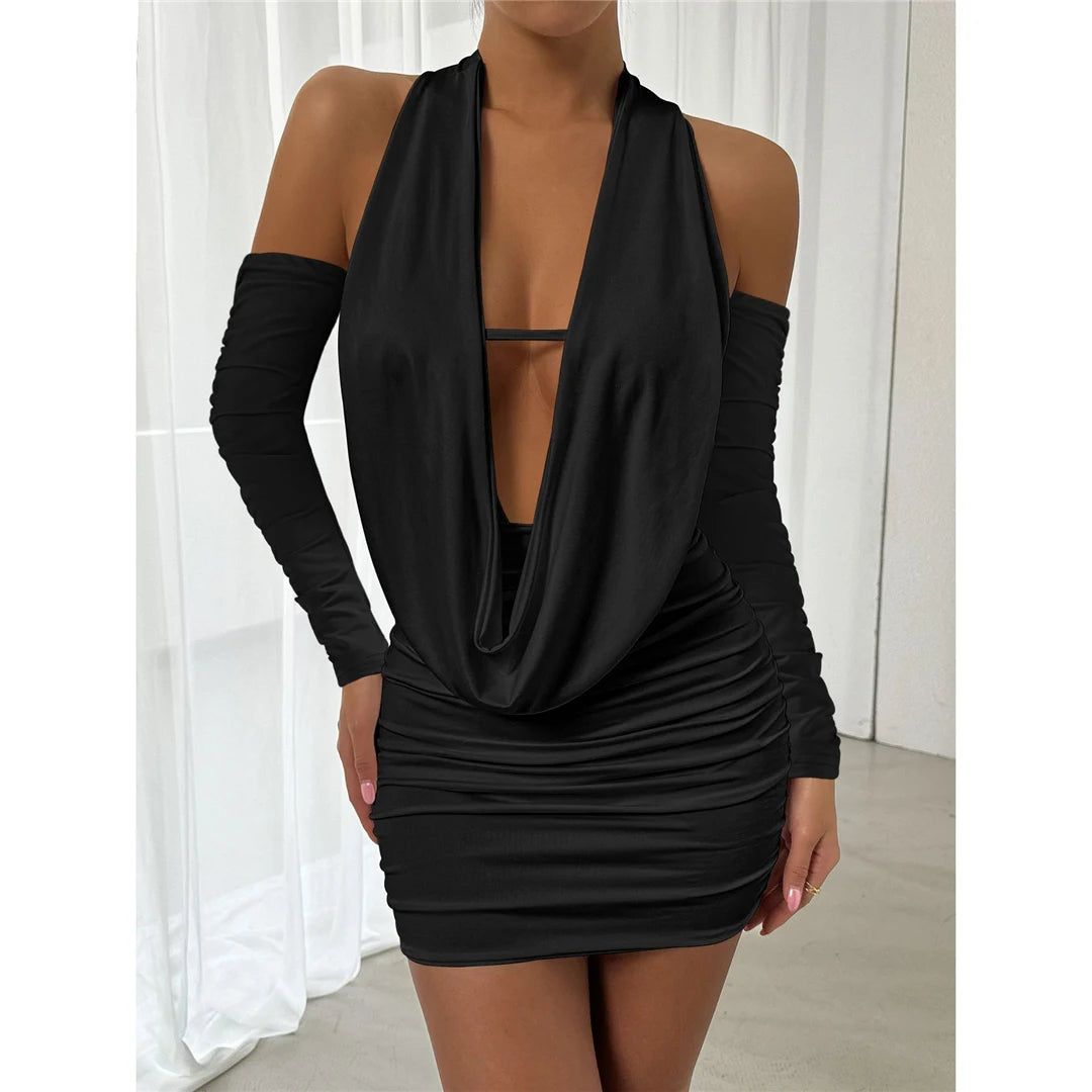 V Neck Halter Pleated Summer Dress Evening Party Bodycon Dress Elegant Mini Dress For Women Tight Dress Clubwear Vestidos VD367